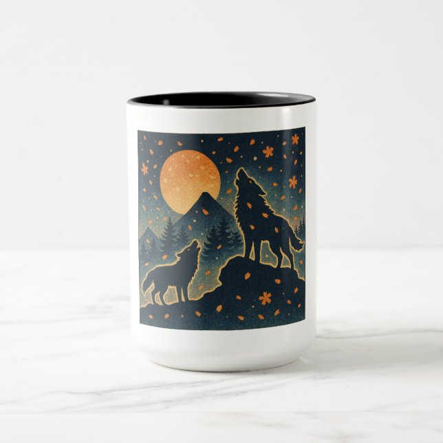 Moonlit Wolves & Mount Fuji – Japanese Night Art  Mugg (Center)