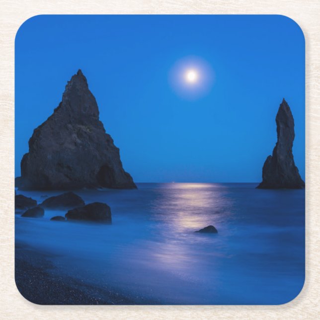 Moonrise Reflection | Iceland, Reynisdrangur Underlägg Papper Kvadrat (Framsidan)