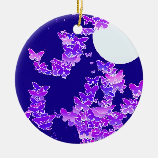 Moonscape med fjärilar - lilac, mörk blått julgransprydnad keramik (Framsidan)