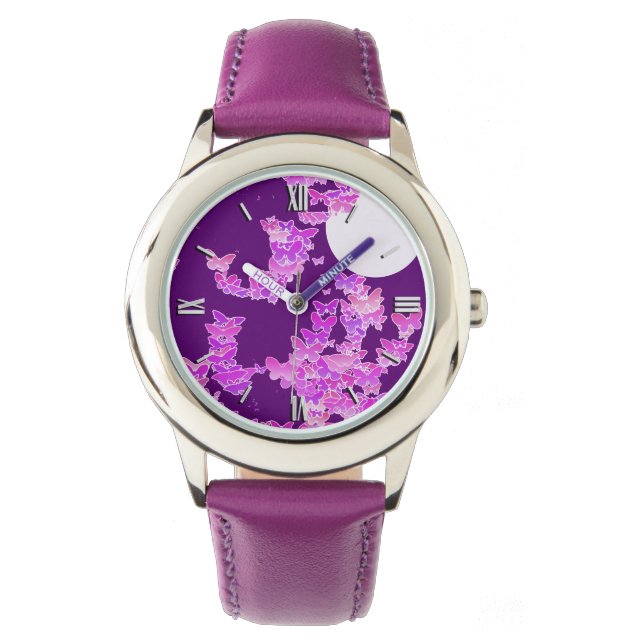 Moonscape med fjärilar - orkidé, ametyst armbandsur (Framsida)