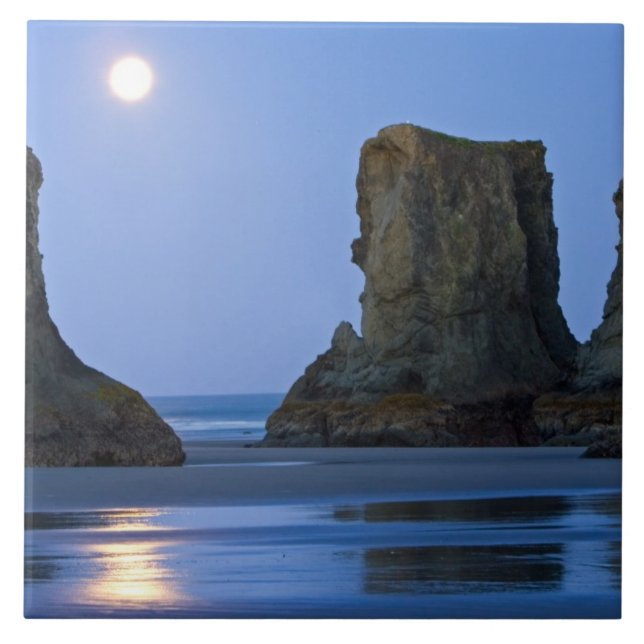 Moonset, Bandon Beach, Oregon. Kakelplatta (Framsidan)