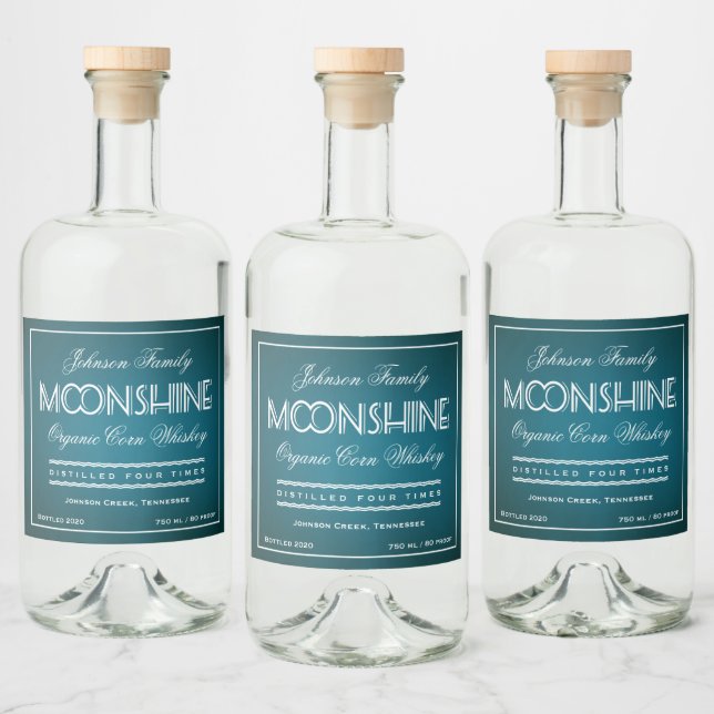 Moonshine Teal and White Spritflaskor Etikett (Flaskor)