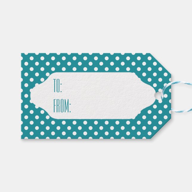 Moonstone Blue & White polka dots presenter märkre Presentetikett (Framsidan (Horisontell))