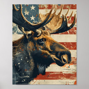 Moose American Flagga Vintage Poster