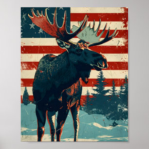 Moose American Flagga Vintage Poster