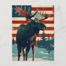 Moose American Flagga Vintage Vykort