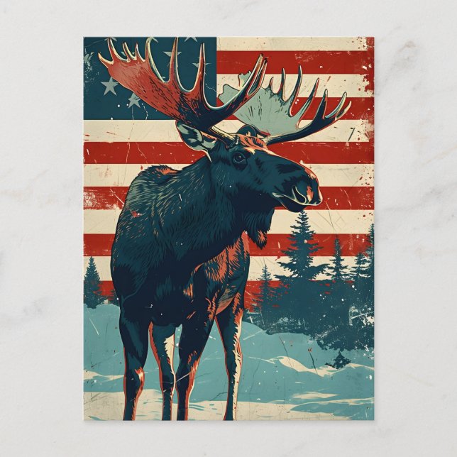 Moose American Flagga Vintage Vykort (Framsida)