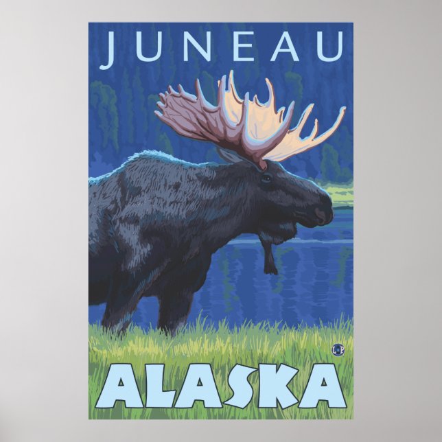 Moose at Night - Juneau, Alaska Poster (Framsidan)