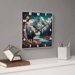 Moose by Mountain Stream in Autumn Ligcape Fyrkantig Klocka