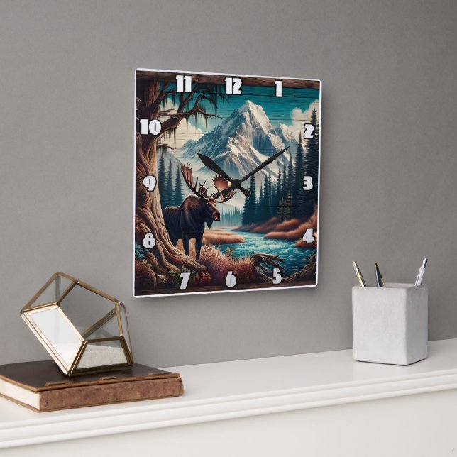 Moose by Mountain Stream in Autumn Ligcape Fyrkantig Klocka (Kontor)