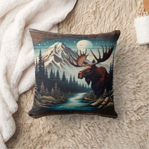 Moose by Mountain Stream under Full Moon Kudde