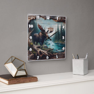 Moose by River in Forest Landscape Art Fyrkantig Klocka