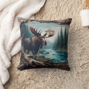 Moose by River in Forest Landscape Art Kudde