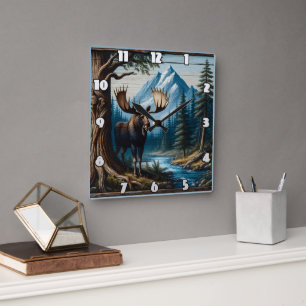 Moose by River with Mounts Bakom Fyrkantig Klocka