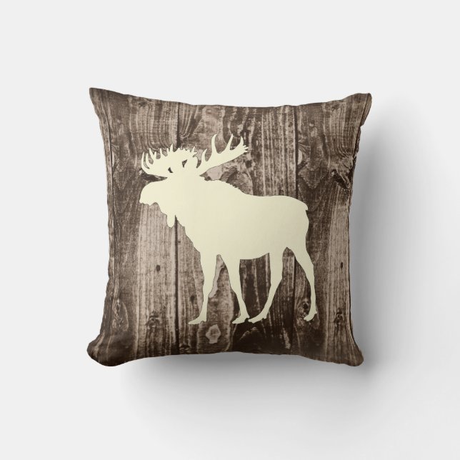 Moose (Cream) Wildlife on Rustic Wood Cabin Kudde (Framsida)