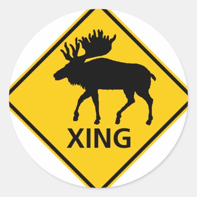 Moose Crosing Highway Sign Runt Klistermärke (Framsida)