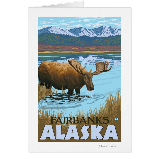 Moose Drinking vid Sjö - Fairbanks, Alaska Hälsningskort (Framsidan)
