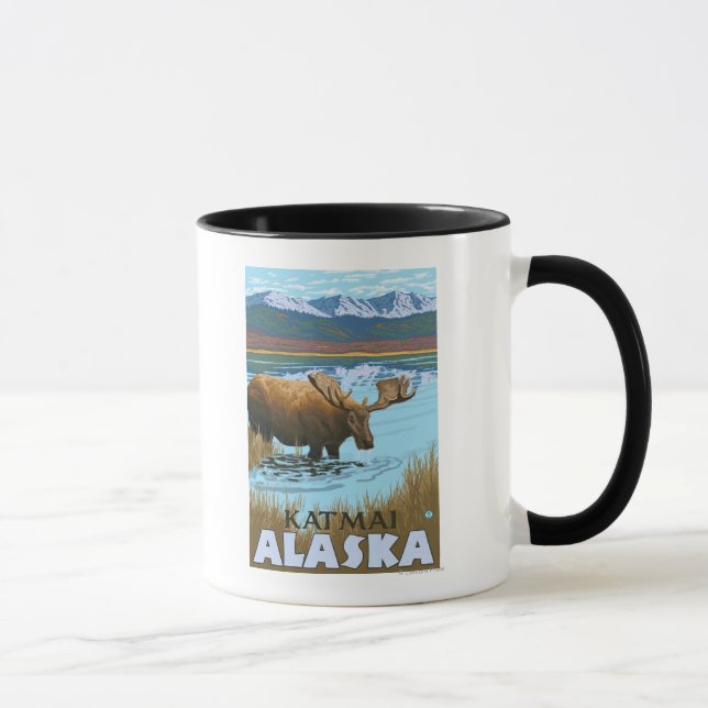 Moose Drinking vid Sjö - Katmai, Alaska Mugg (Höger)