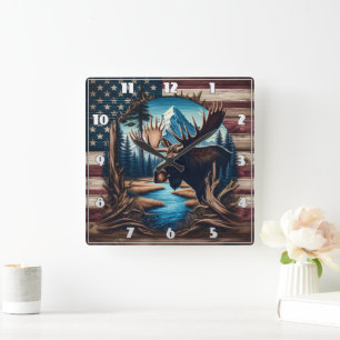 Moose Front of Mountain och American Flagga Fyrkantig Klocka
