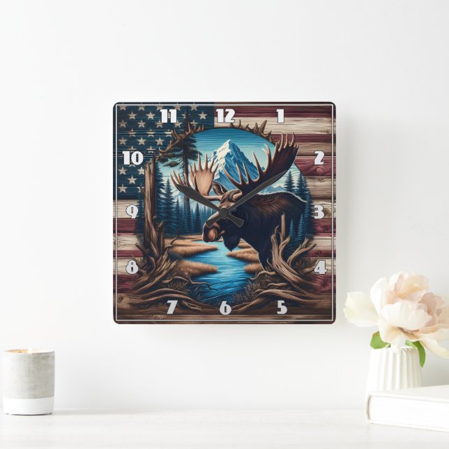 Moose Front of Mountain och American Flagga Fyrkantig Klocka (Hem)