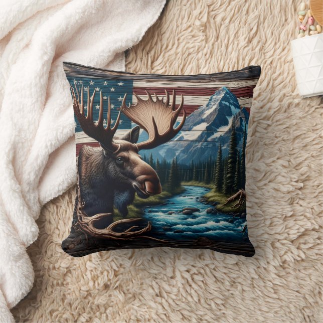 Moose Front of Mountain och American Flagga Kudde (Filt)