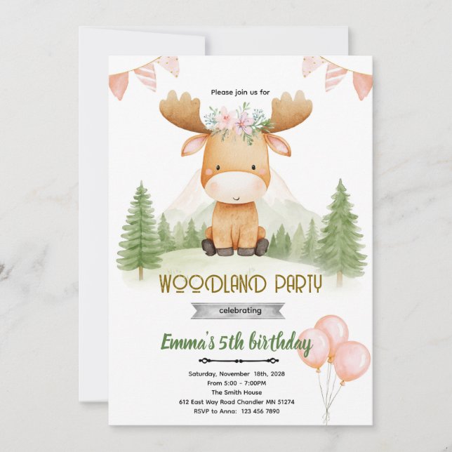 Moose girl party invitation inbjudningar (Framsida)