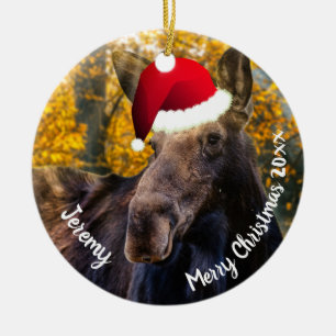 Moose i Santa Hat Ceramic Ornament