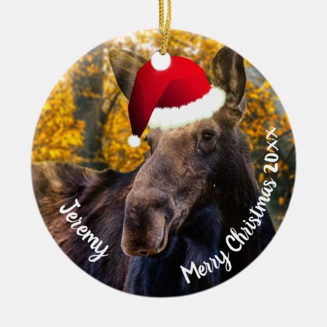 Moose i Santa Hat Ceramic Ornament (Framsidan)