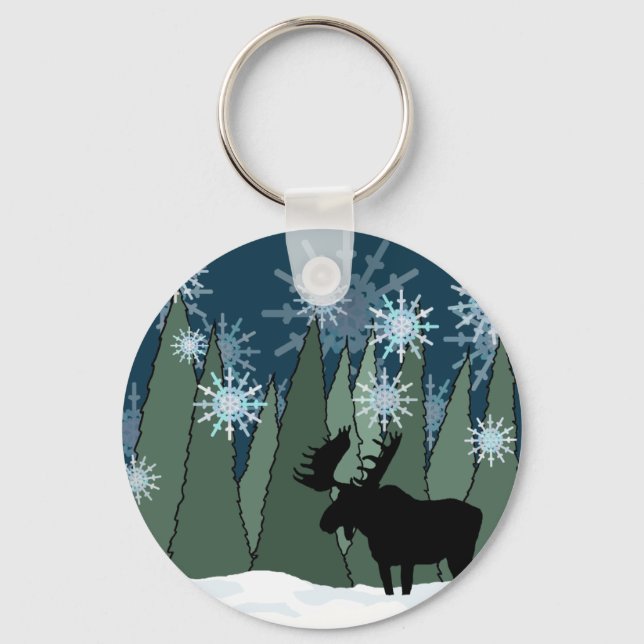 Moose i Snowy Forest Nyckelring (Framsida)