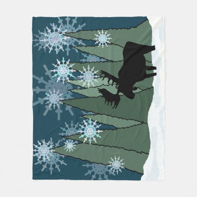 Moose i tyst Snowy Natt Fleecefilt (Framsidan)