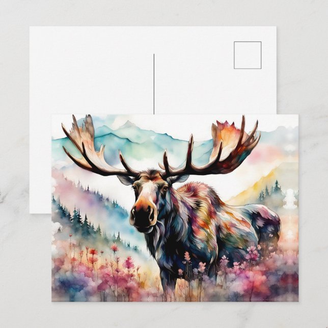 Moose i Wildblommes vattenfärg Helg Vykort (Fram/baksida)