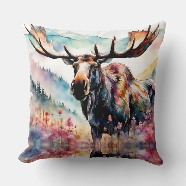 Moose i Wildblommes vattenfärg Kudde (Framsida)