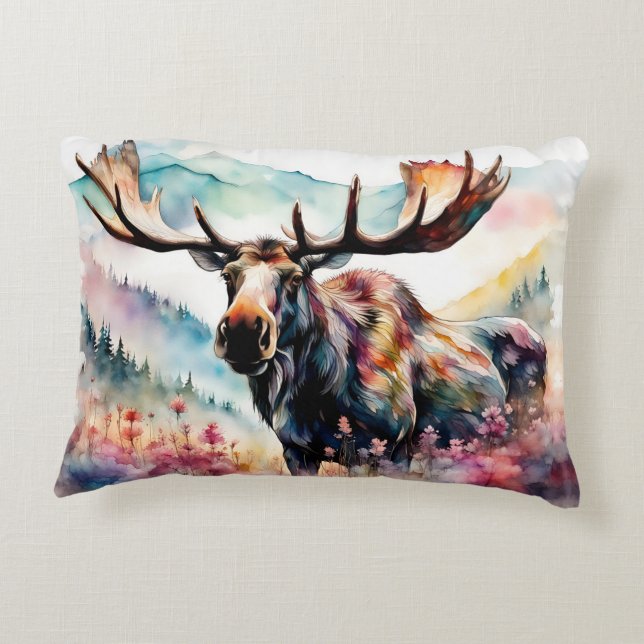 Moose i Wildblommes vattenfärg Prydnadskudde (Baksidan)