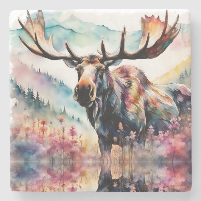 Moose i Wildblommes vattenfärg Stenunderlägg (Framsidan)