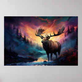 Moose in Canyon Bäck with Distant Wildfire Poster
