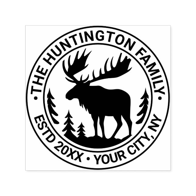Moose in Forest Silhouette Family Namn Estd Date Självfärgande Stämpel (Design)