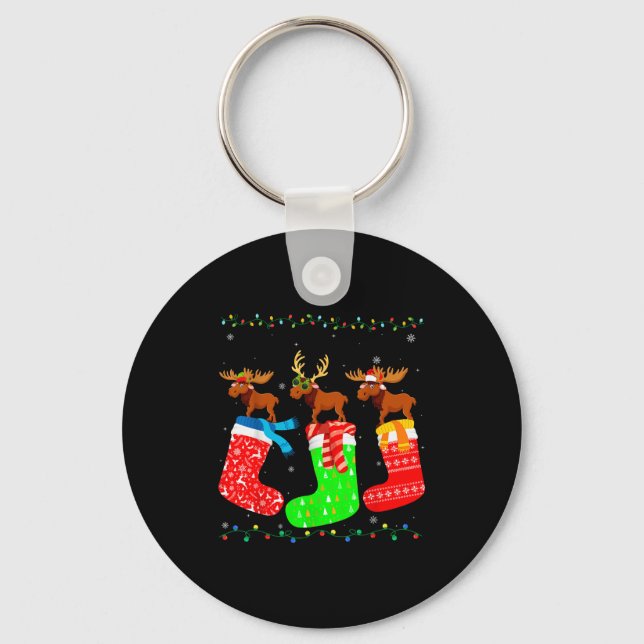 Moose In Xmas Socks Funny Holiday Ugly Sweater Chr Nyckelring (Framsida)