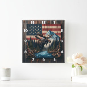 Moose mot amerikansk Flagga och bergslandskap Fyrkantig Klocka