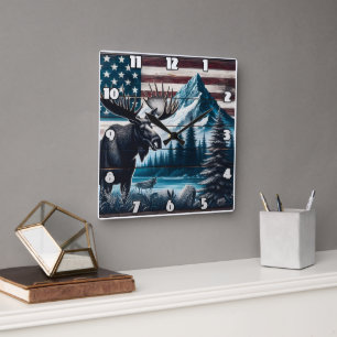 Moose mot berg och Flagga bakgrunden Fyrkantig Klocka