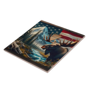 Moose nära floden med berg och Flagga Kakelplatta