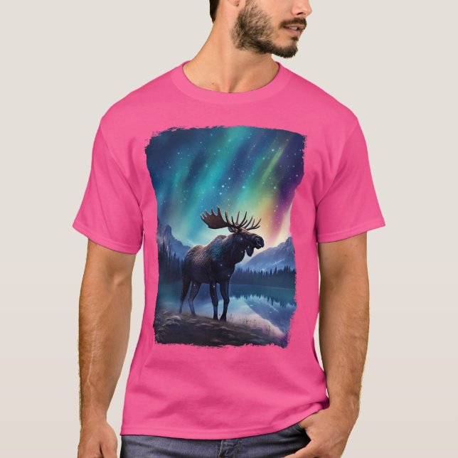 Moose Northern Light Aurora Borealis Scenery Mount T Shirt (Framsida)