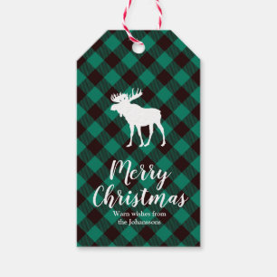 Moose och Buffalo Grönt Plade Mönster jul Presentetikett