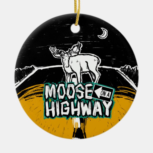 Moose på en motorväg julgransprydnad keramik (Framsidan)