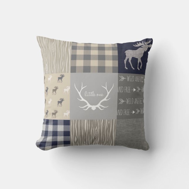 Moose Patchwork Pillow - Navy, Tan Grått Kudde (Framsida)