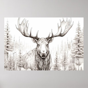 Moose Peacbevara Nature Prairie Sketch Teckning St Poster