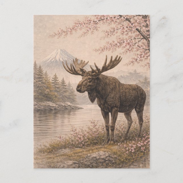 Moose Postcard, Canadian Wildlife Art Card, Forest Vykort (Framsida)