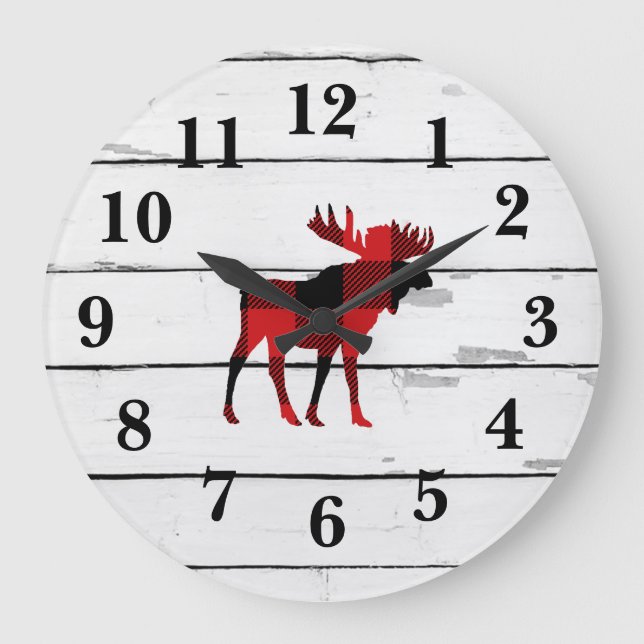 Moose Red Check Shiplap Rustic Decor Stor Klocka (Framsida)