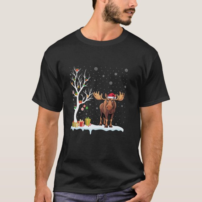 Moose Santa Hat Festive Träd Light jul Pajam T Shirt (Framsida)