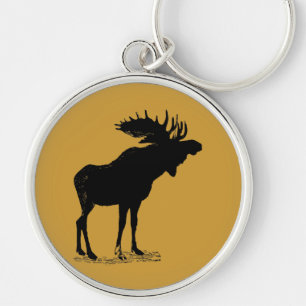 Moose Silhouette Keychain Rund Silverfärgad Nyckelring