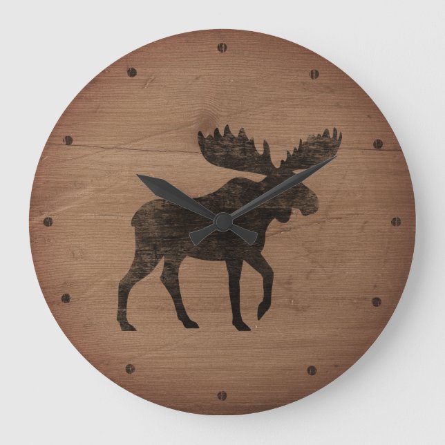 Moose Silhouette Rustic Stil Stor Klocka (Framsida)